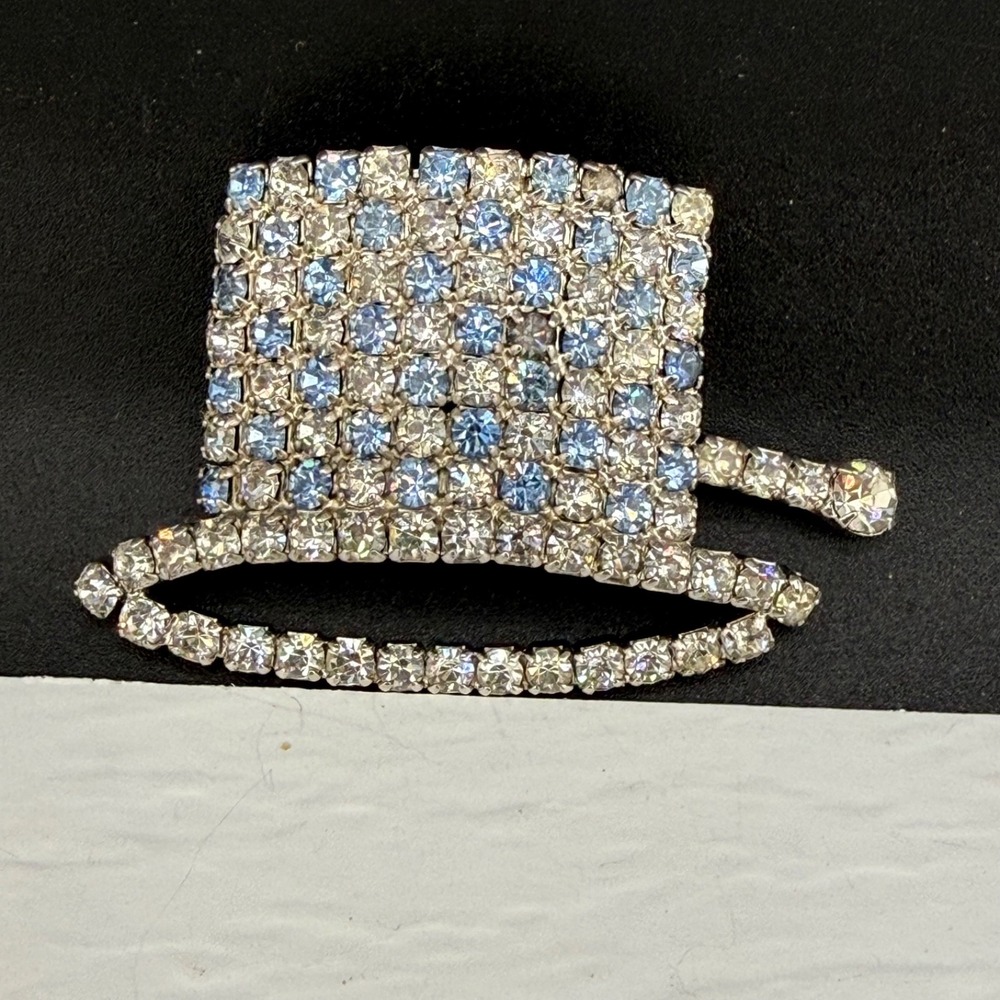 Vintage Estate Top Hat Brooch Silver Blue White Rhinestone 2in